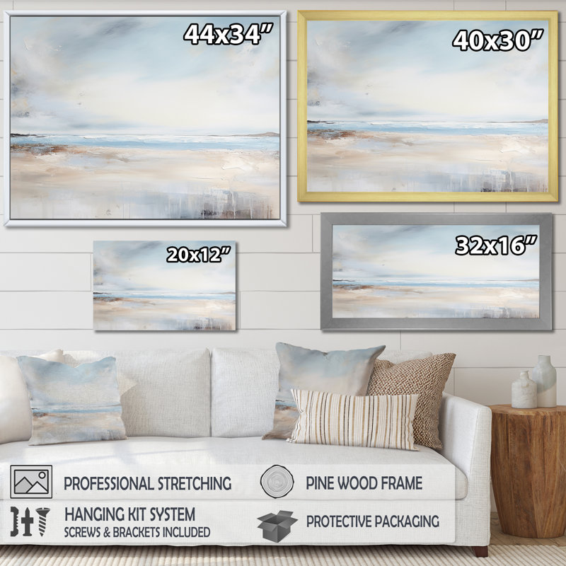«Beige and Blue Beach Minimal Horizon II», art mural plage côtière, H 30 po x l 40 po x P 1,5 po, Cadre naturel flottant