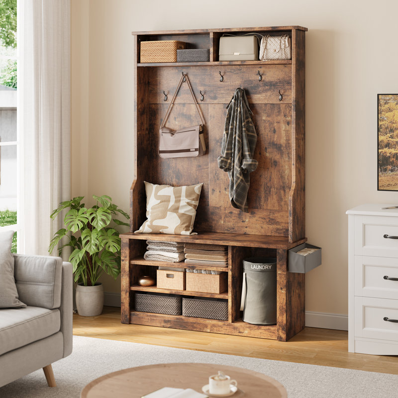 Farmhouse Hall Tree – Bench, Shoe Storage, Side Baskets & Hooks for Entryway, No, Rustic Brown