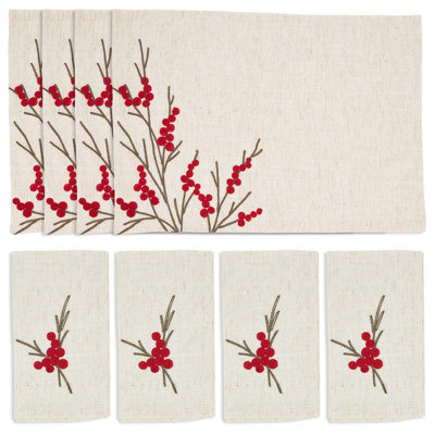Embroidered Berry Placemat & Napkin Set (4 Placemats + 4 Napkins)