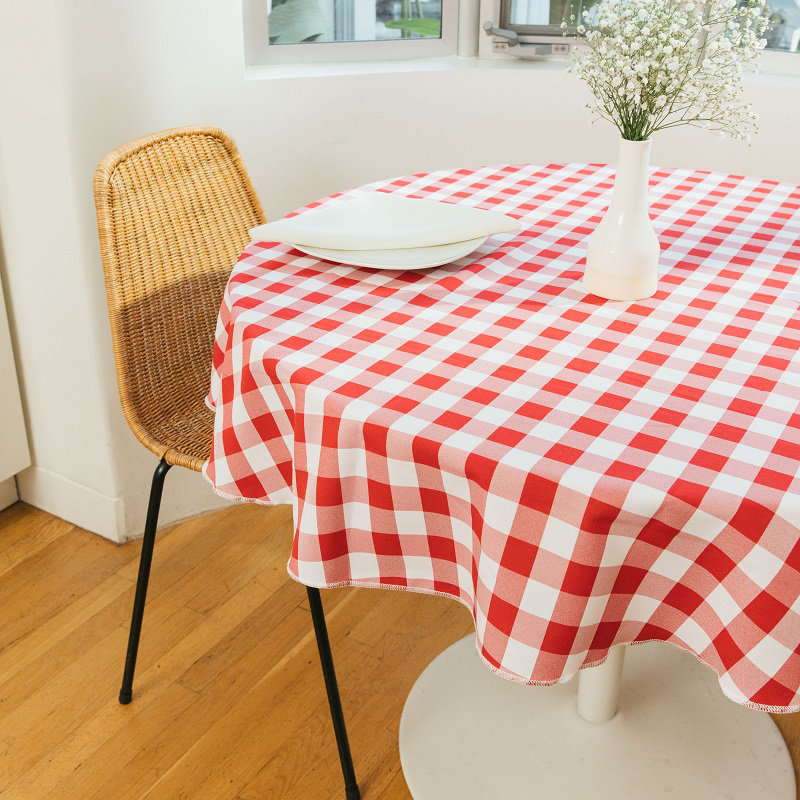 Joice Gingham Round Tablecloth, White and Navy, 108" Round