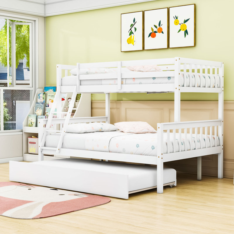 Keyonah Twin Over Full Wood Bunk Bed With Trundle, Convertible Ladder And Guardrail, White