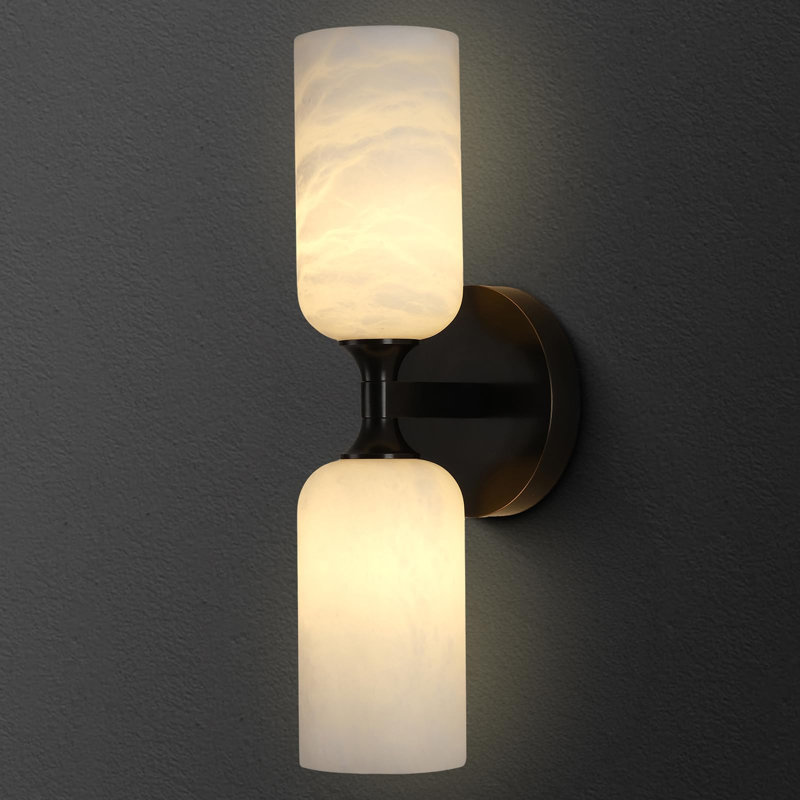Applique murale 1 lumière DEL en laiton massif avec abat-jour albâtre (ampoules incluses), Noir