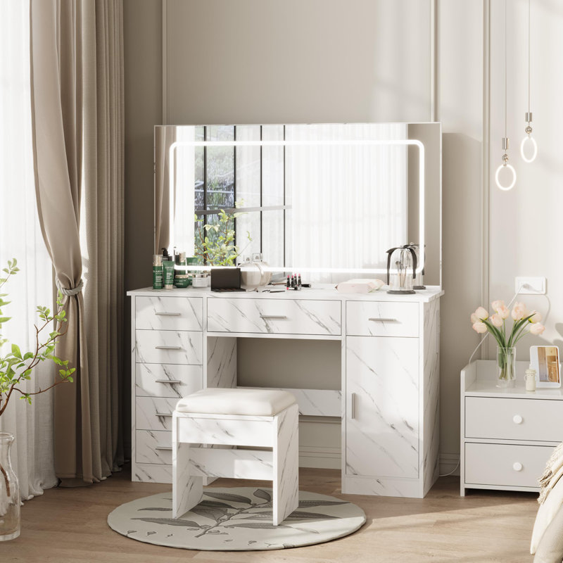 Vanity with Chair and Mirror and 7 Drawers Storage, Black Makeup Vanity Desk with Lights, Charging Station, Vanitys Set with 3 Light Mode and Brightness Adjusted, Make Up Table with Hairdryer Holder