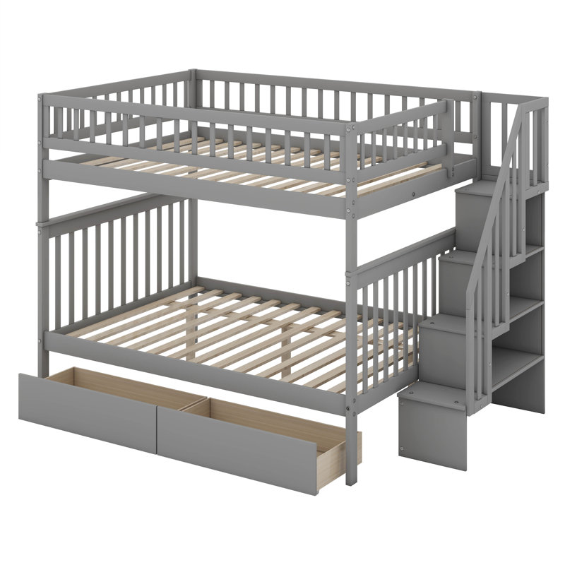 Lit superposé double au-dessus de double avec deux tiroirs et rangement, Gris