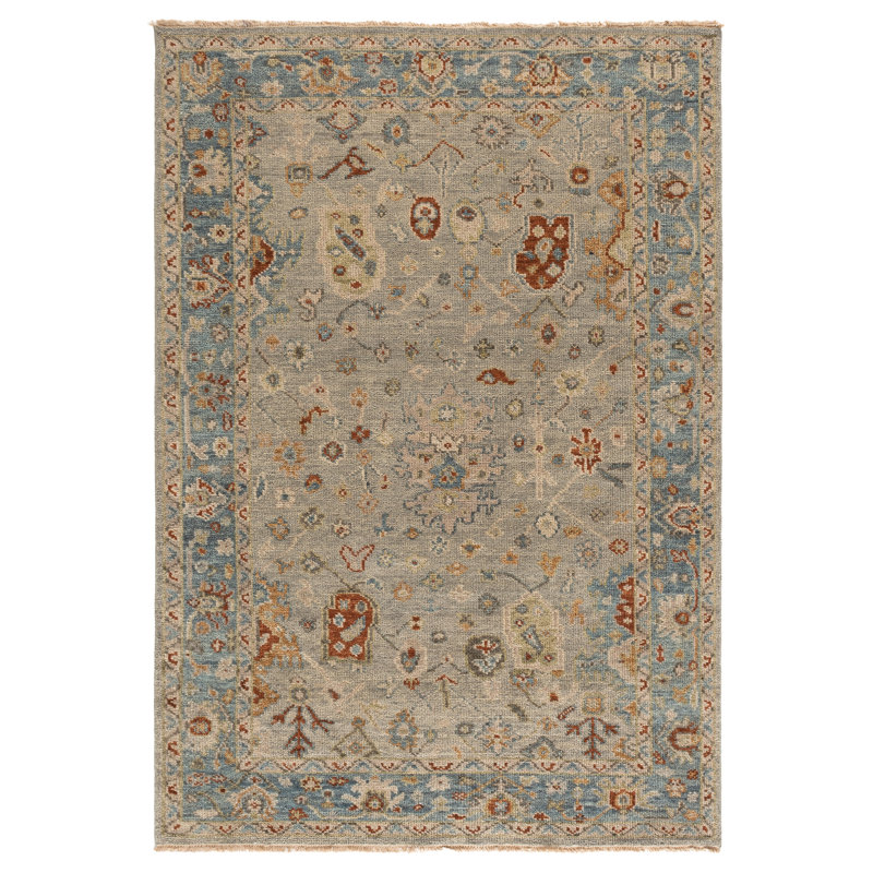 Tapis oriental en laine / coton noué à la main Samarkand - bleu / gris, Rectangle 6 pi x 9 pi