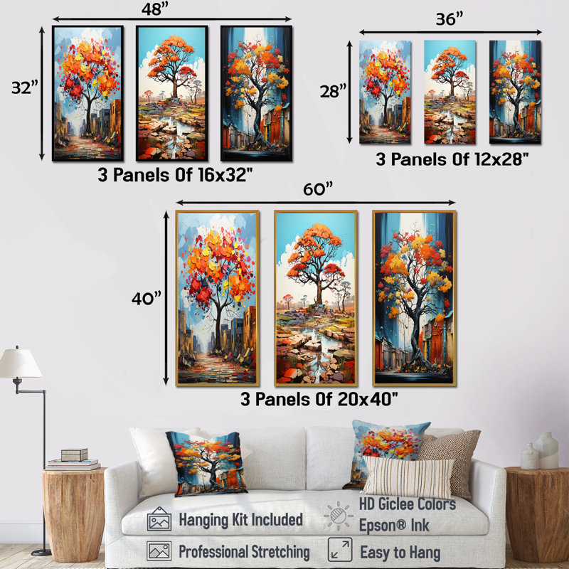 Baobab style graffiti - Ensemble de 3 impressions sur toile de baobab, H 28 po x l 36 po, Cadre flottant noir