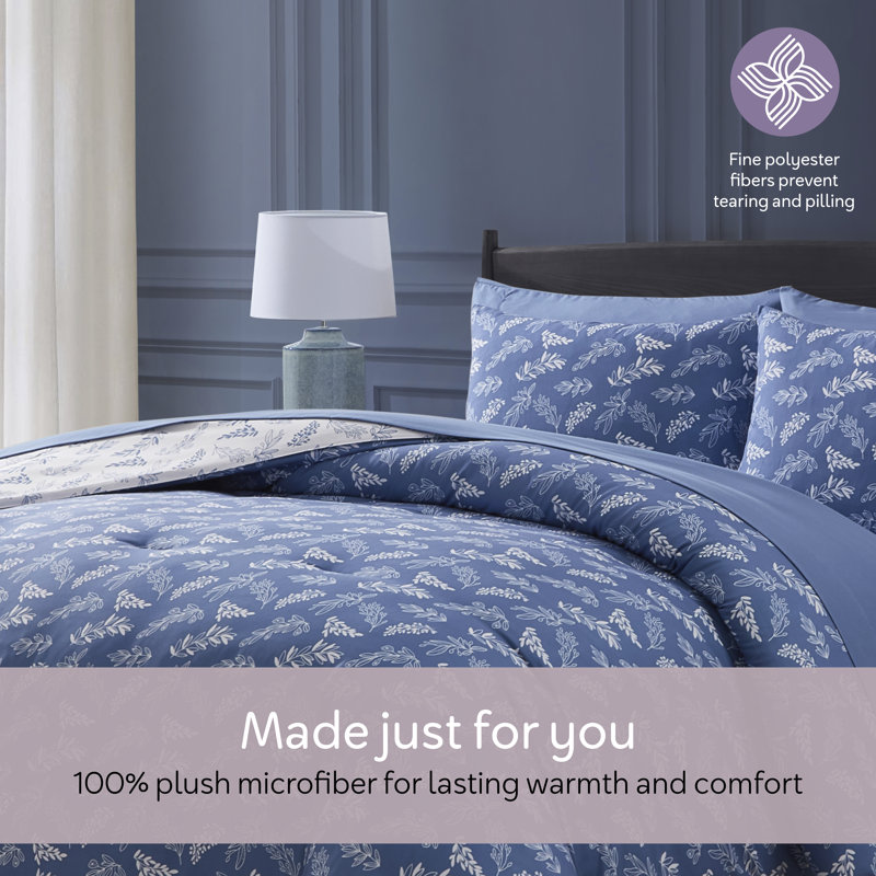 Nestl Botanical Bed in a Bag 7 piece Comforter Set with Sheets & Pillow Shams, Slate Blue/Cloud Stone