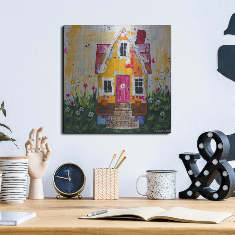 Art mural luxueux en métal «The Yellow Cottage» par Carrie Sharp, 12 po x 12 po, H 12 po x l 12 po