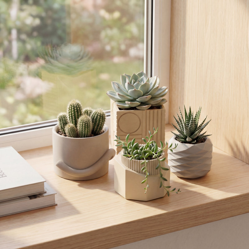 Ensemble de vases géométriques en béton faits à la main avec trous de drainage Romy, Mat neutre terreux