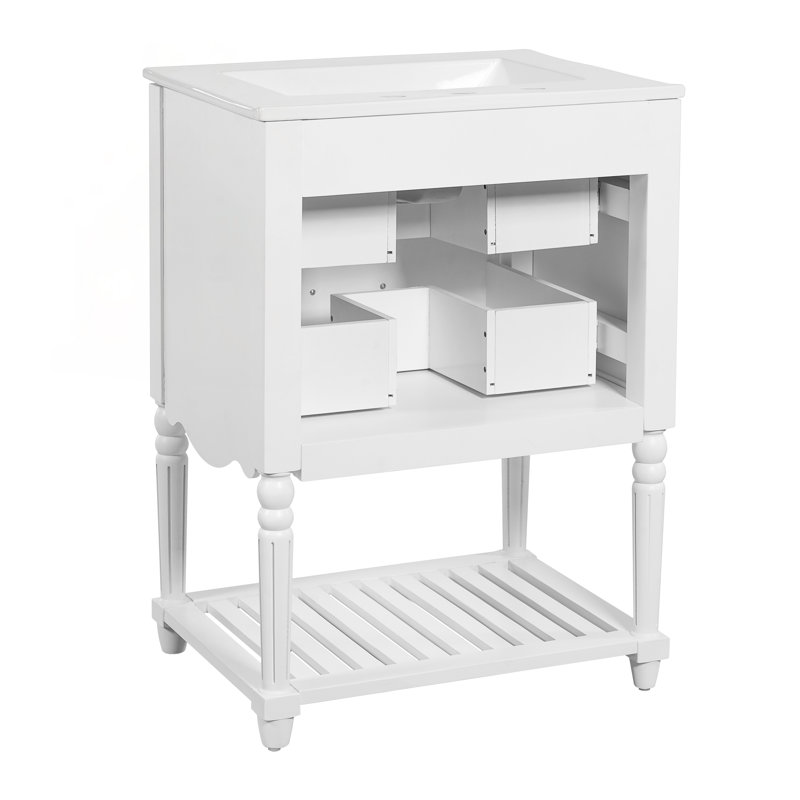 Meuble-lavabo de 24 po avec lavabo en céramique, design rétro élégant en forme de vague, deux tiroirs à fermeture en douceur et tablette ouverte pour les salles de bain modernes