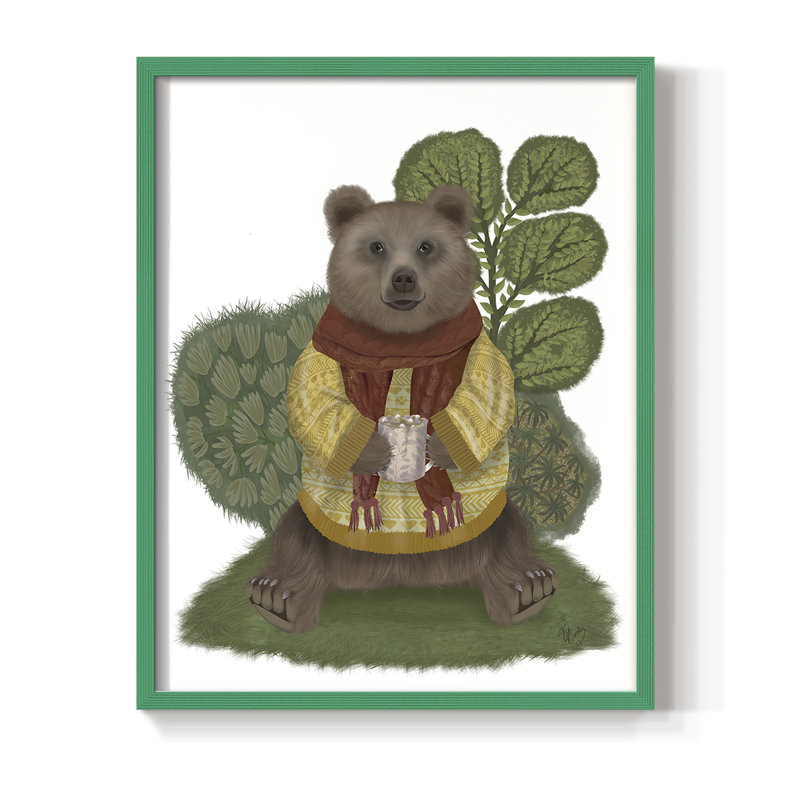 Reproduction encadrée d'ours chocolat chaud - bois massif, Vert, H 10 po x l 8 po