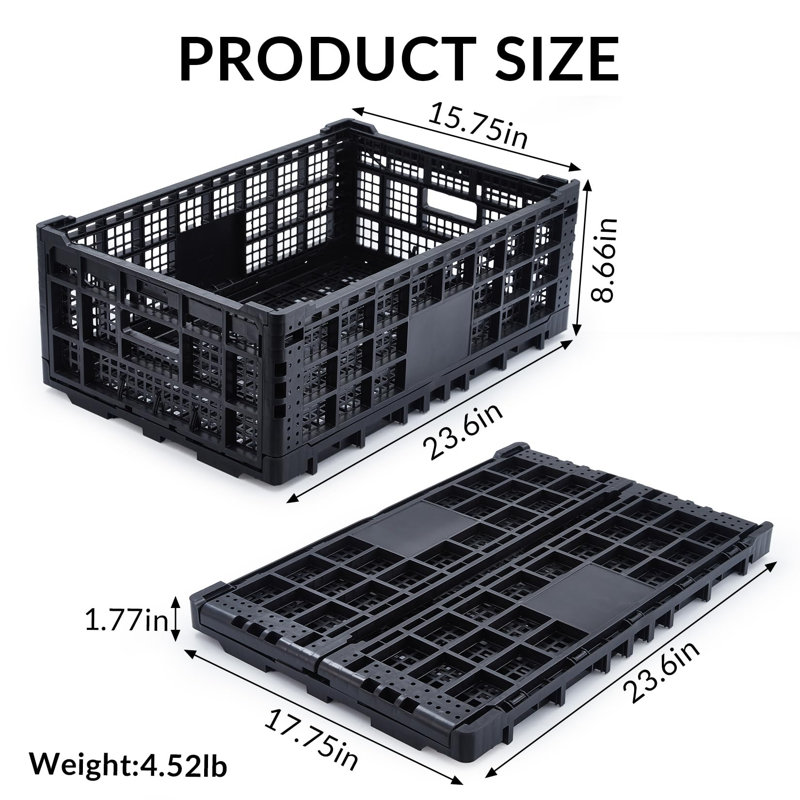 Collapsible Storage Bin Containe, 52 Liter Foldable Milk Crate, Stackable Heavy Duty Plastic Storage Crate with Handle, Folding Transit Storages for Home Office Farm Garage Toy Storage