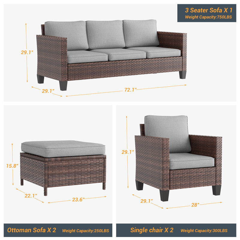 Ensemble de conversation de patio en osier de rotin 5 pièces avec coussins et repose-pieds Konami, ensemble de meubles d'extérieur toutes saisons pour terrasse