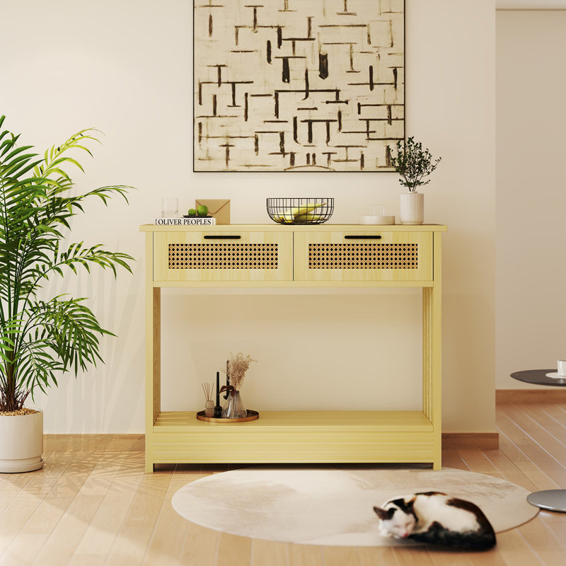 Wood 39" Boho Console Table for Entryway, Behind Sofa Table with Rattan Drawers, Natural