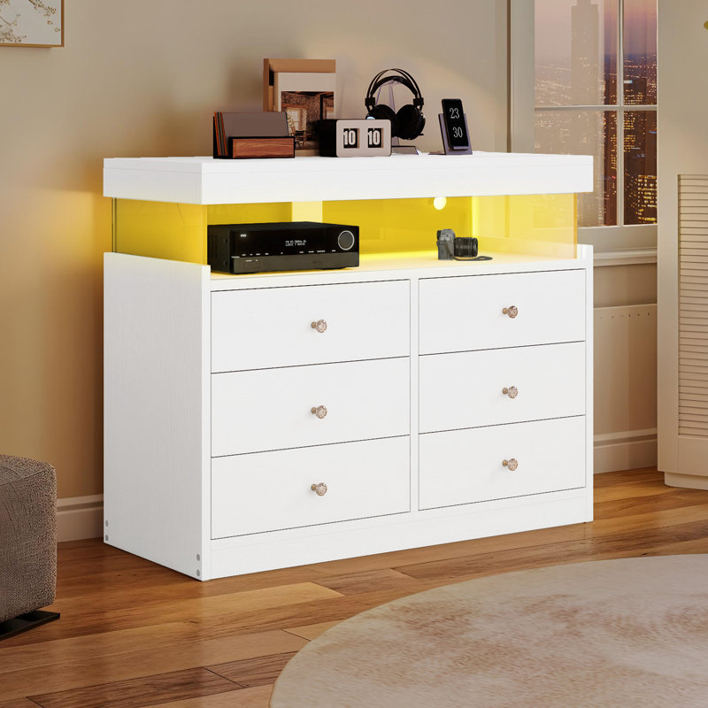 39.3"W  6 - Drawer Dresser Accent Chest with Power Outlet, LED Lights and Open Shelf