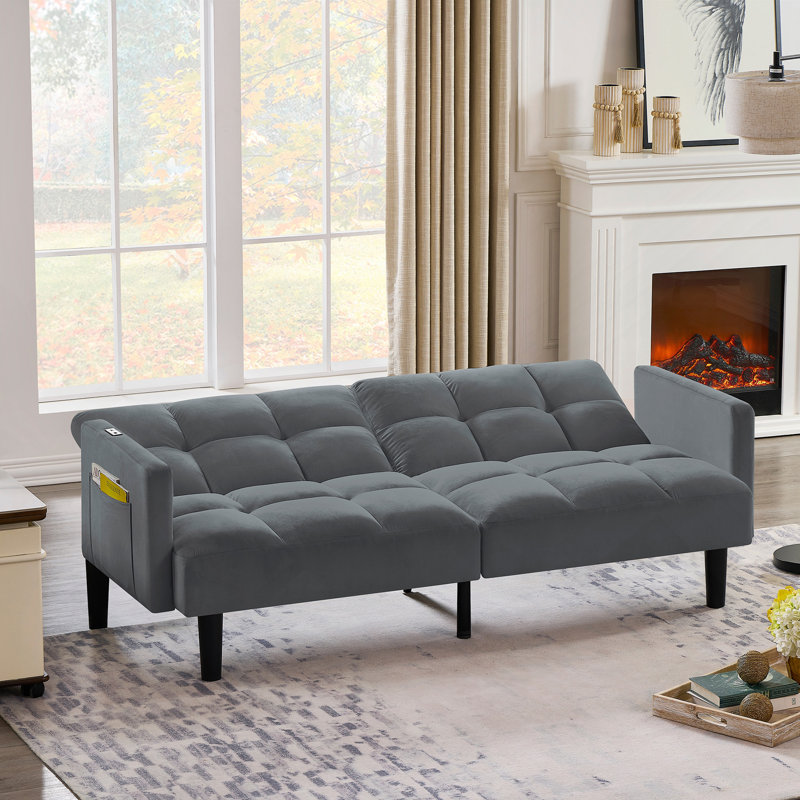 Velvet Futon Couch Convertible, Gris