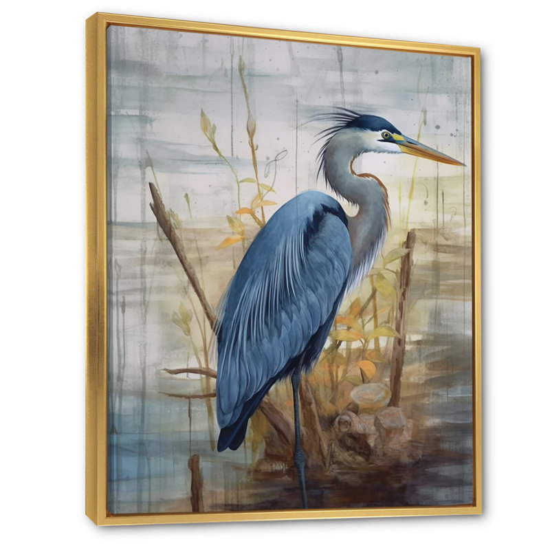 «Blue Heron By The Watersite Watercolor I», art mural oiseau, H 40 po x l 30 po x P 1,5 po, Cadre flottant doré