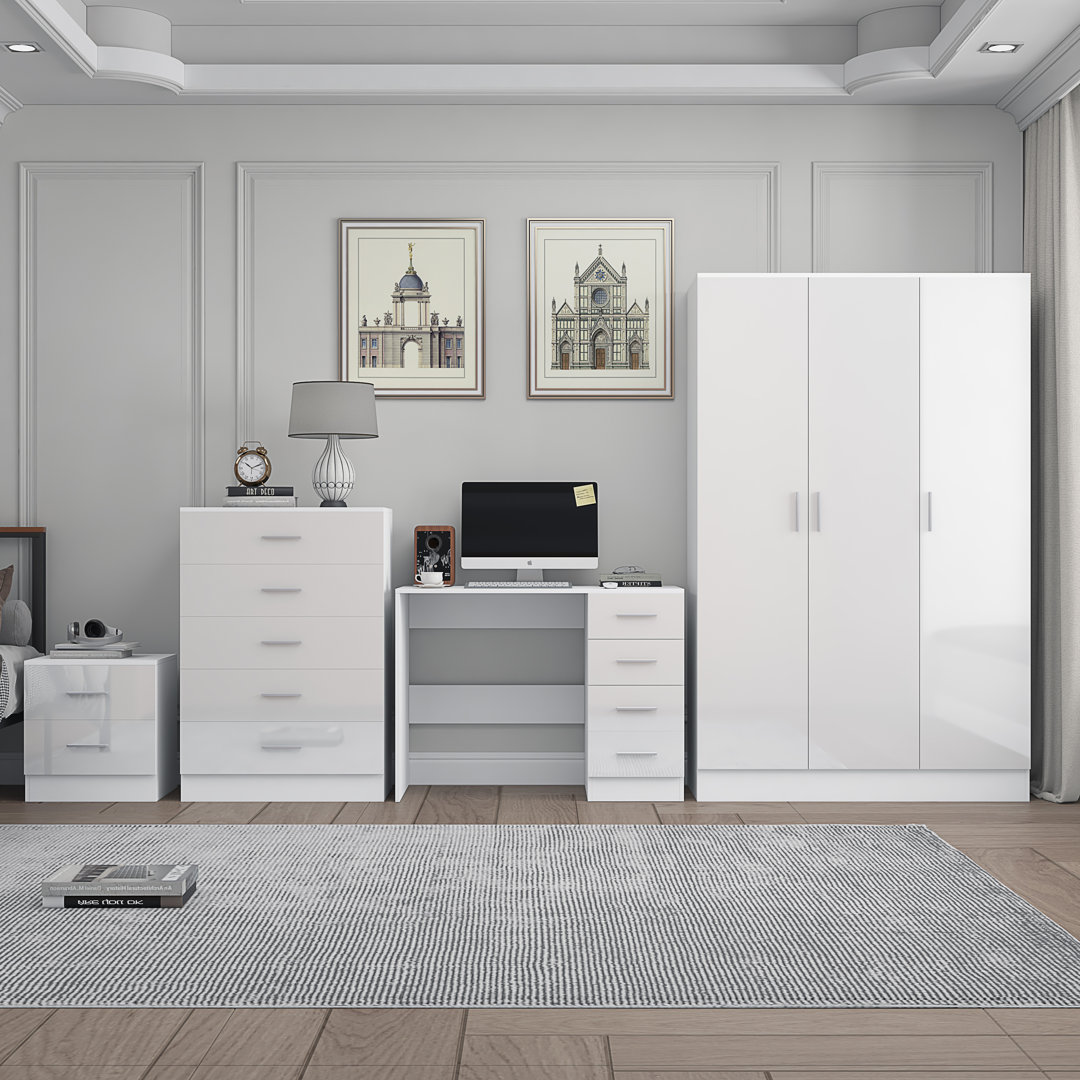 Eva High Gloss 3 Door Plain Wardrobe 4 Piece Bedroom Study Set