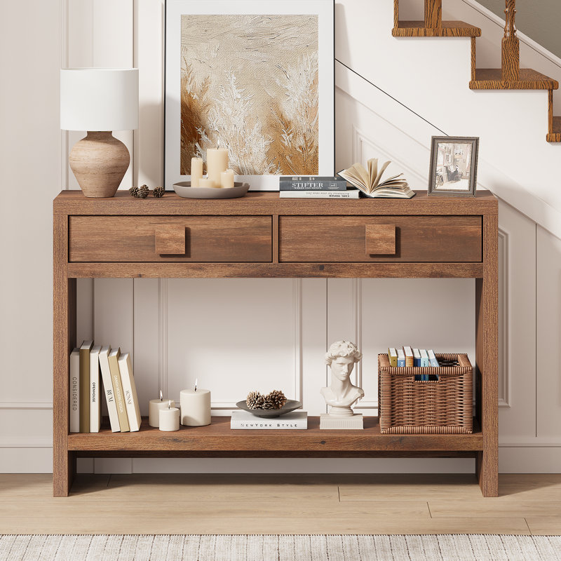 Console 47,3 po en bois avec 2 tiroirs, table de canapé pour le couloir, le vestibule, le salon, Brun