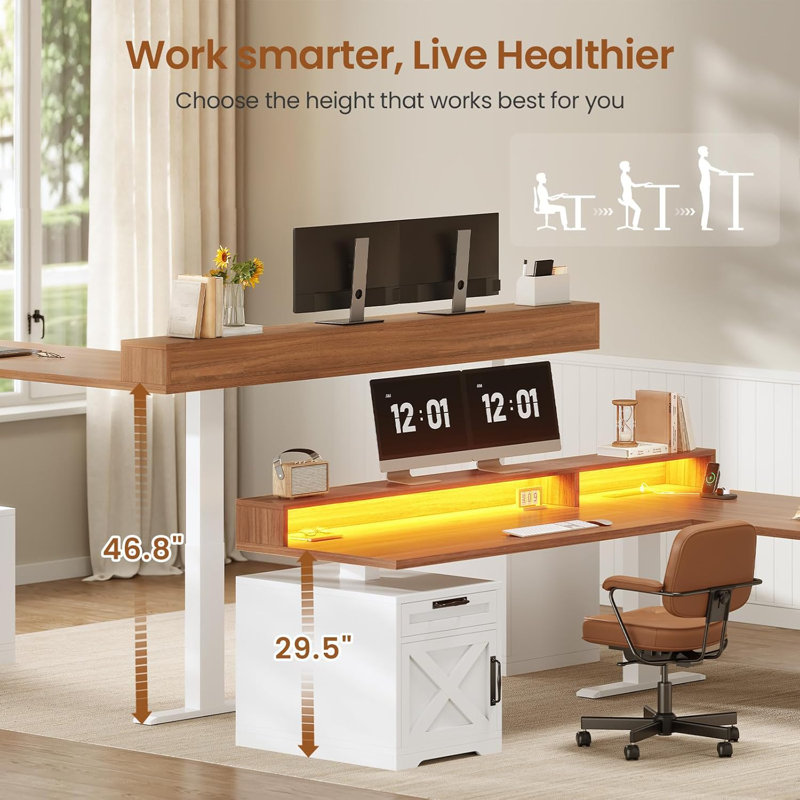 Farmhouse L Shaped Standing Desk, 71" X 73" Height Adjustable Home Office Executive Desk With Drawers, Oak/White