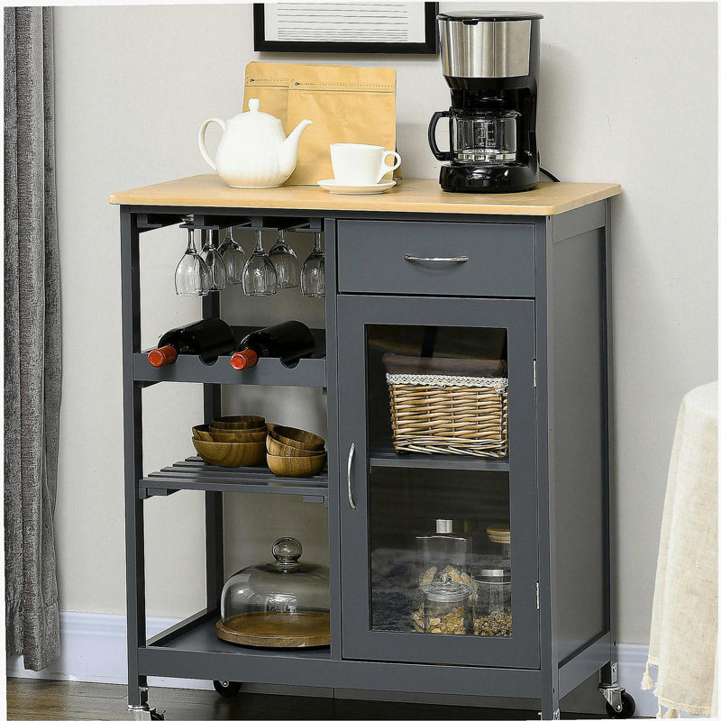 Un îlot de cuisine mobile avec espace de rangement, avec un chariot de cuisine pour 4 bouteilles, un chariot de bar avec porte-gobelet, une armoire avec tablettes et tiroirs, gris
