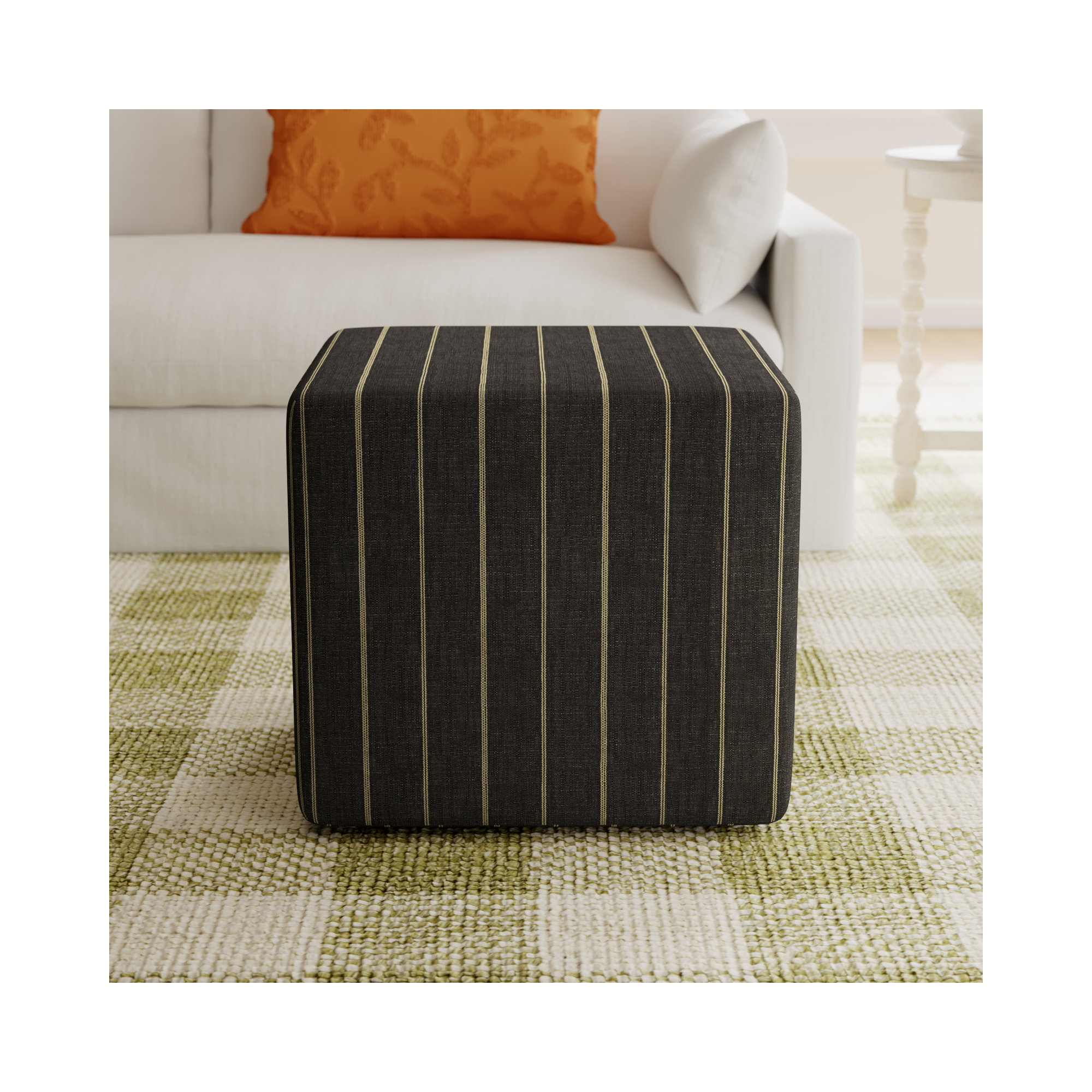 Era Upholstered Ottoman, Fritz Peppercorn Stripe