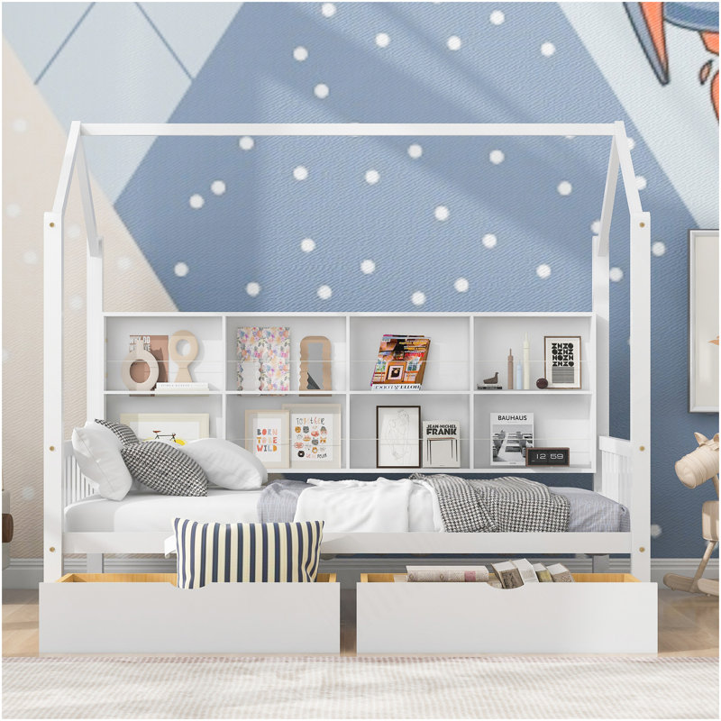 Lit simple en bois avec 2 tiroirs, lit pour enfant avec tablette de rangement, blanc