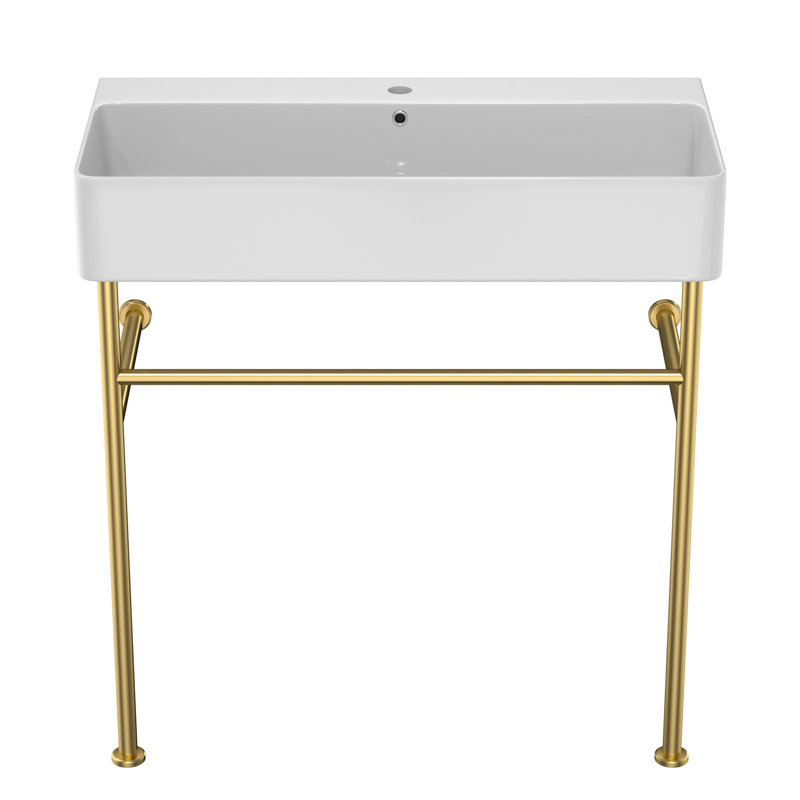 Lavabo de console de salle de bain 31,5 "avec trop-plein, console en céramique cuve blanche avec pieds dorés