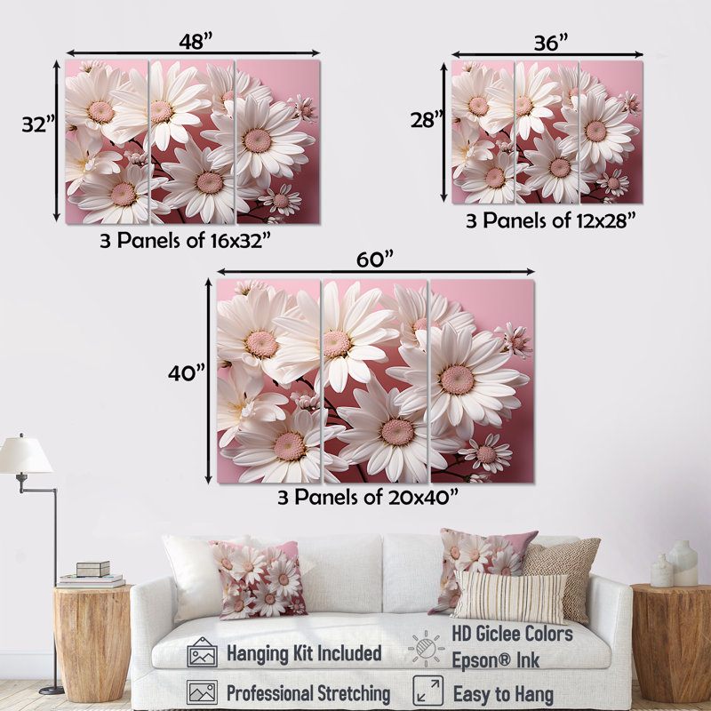 «White Daisy Bloom Elegance - Daisies», ensemble d'art sur toile, H 40 po x l 60 po x P 1 po
