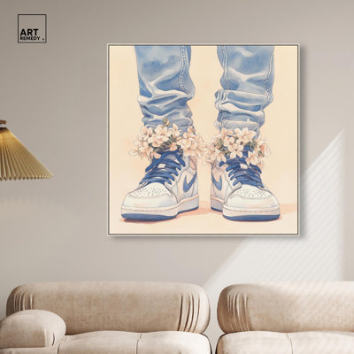 Gentle Blue Sneakers and Flowers Canvas Sneaker Wall Art by Art Remedy