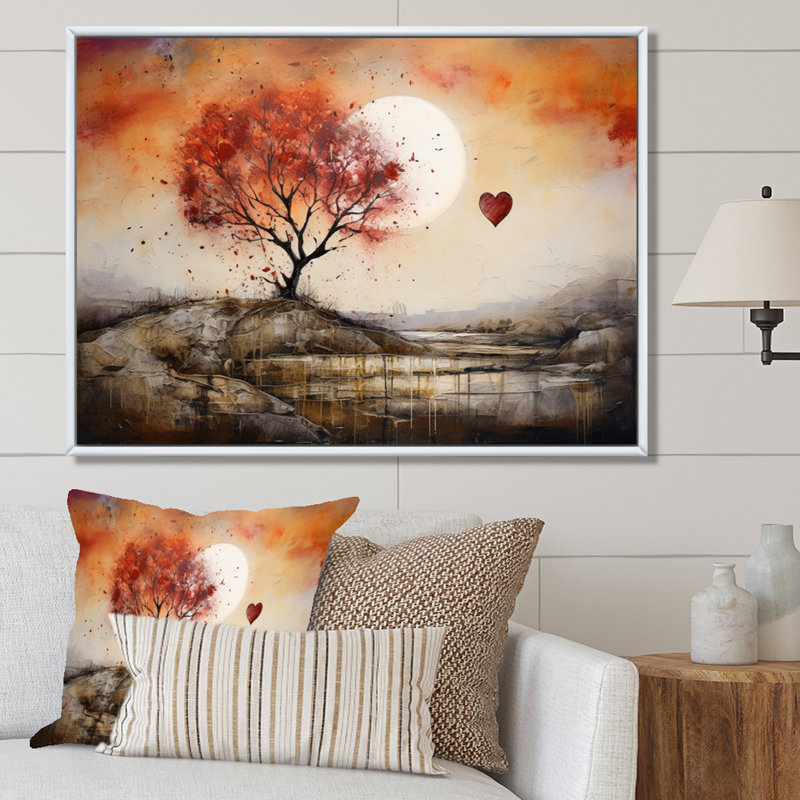 Paysage romantique avec fond de cœurs, 34" H x 44" W, Cadre flottant blanc