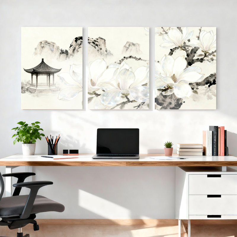 Ensemble de 3 tableaux sur toile représentant un pavillon de jardin chinois et des fleurs de magnolia blanc