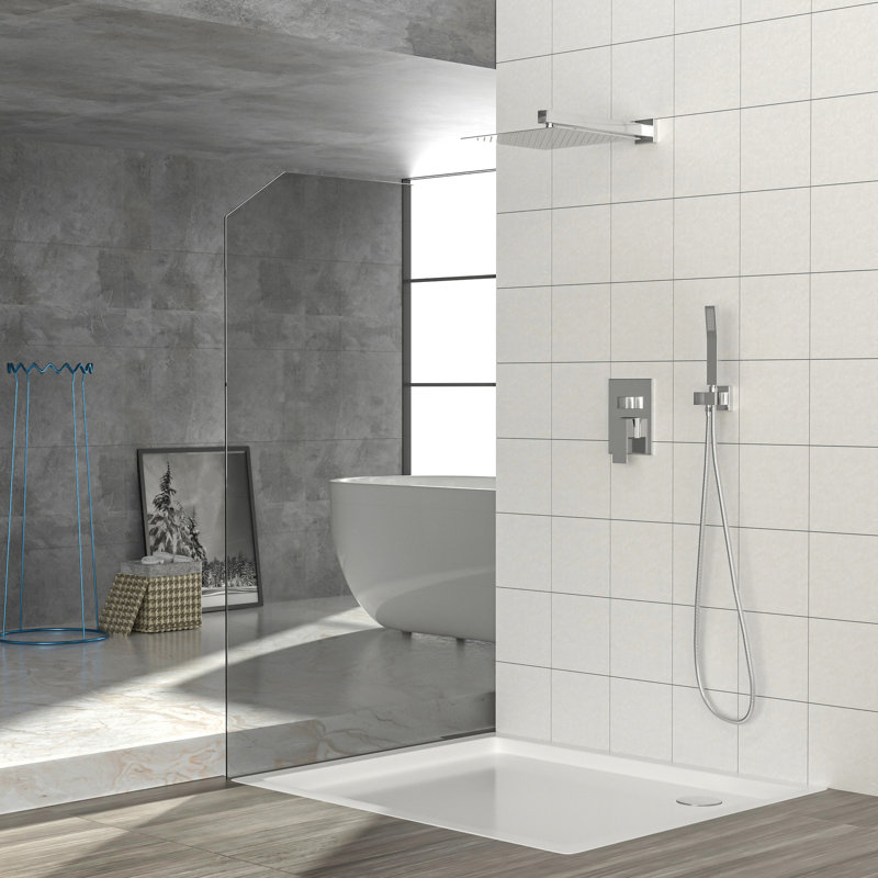 12 Inch Square Dual Shower Head - Wall Mounted System With Heads Mounted,, Brushed Nickel