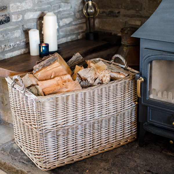 Grey & Buff Rattan Wheeled Wicker Log Basket