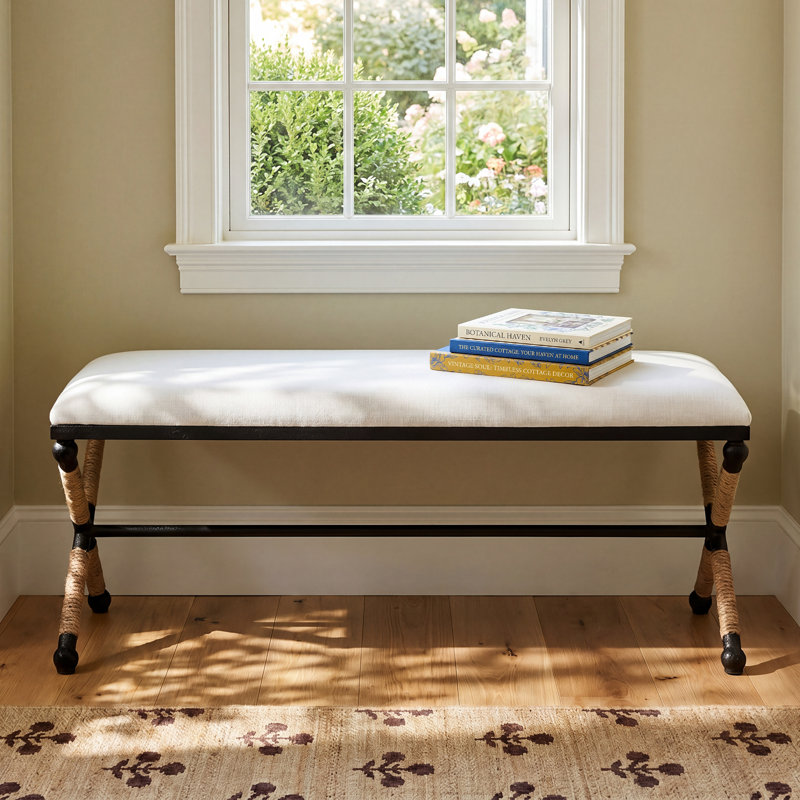 Milana Cotton Upholstered Bench, Oatmeal Basketweave