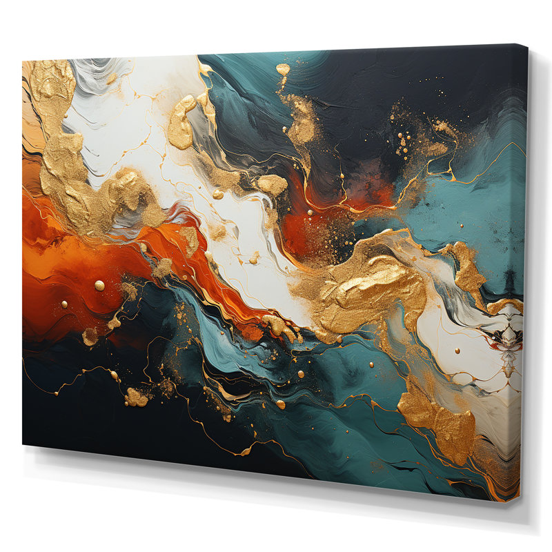 Bleu et or tempête de marbre II - art mural abstrait, Toile tendue, H 16 po x l 32 po x P 1 po
