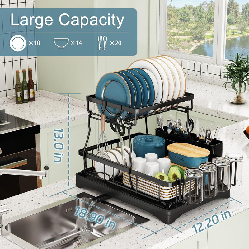 Stainless Steel Dish Drying Rack For Kitchen Counter With Drainboard, 2-Tier Space Saving Dish Rack With Utensil Holders And Detachable Parts, Large Capacity For Plates Bowls And Pots