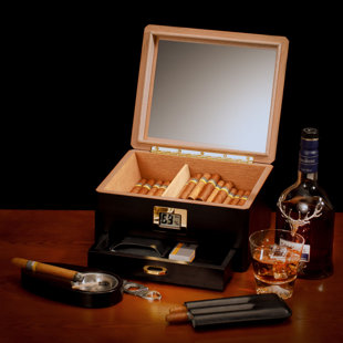 Woodronic Cigar Humidor for 50 Cigars, Boveda Packs and Holder, Accessory Drawer, Digital Hygrometer