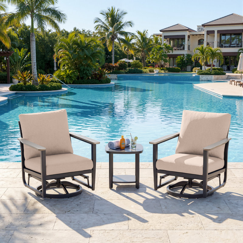 Ensemble de conversation avec chaise berçante pivotante en aluminium 3 pièces avec coussins et table d'appoint, Taupe