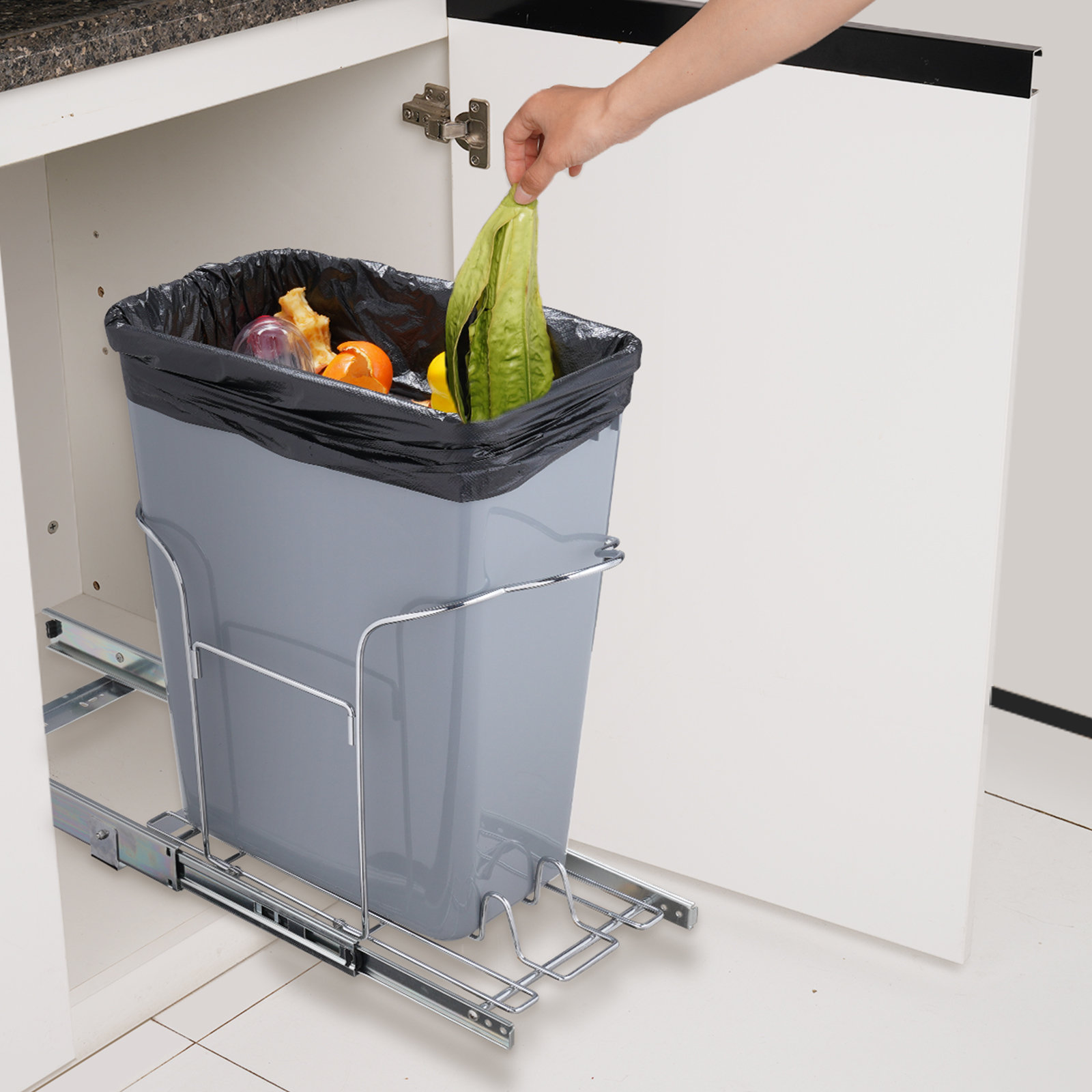 VEVOR Pull-Out Trash Can, 29L Single Bin, Under Mount Kitchen Waste  Container with Slide, Handle,Kit