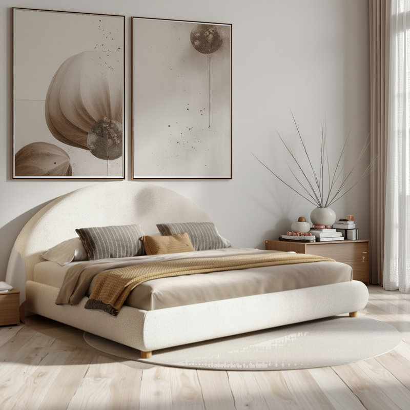 Lit plateforme Boucle avec tête de lit ronde incurvée, structure robuste à profil bas, aucun sommier tapissier nécessaire (très grand lit)