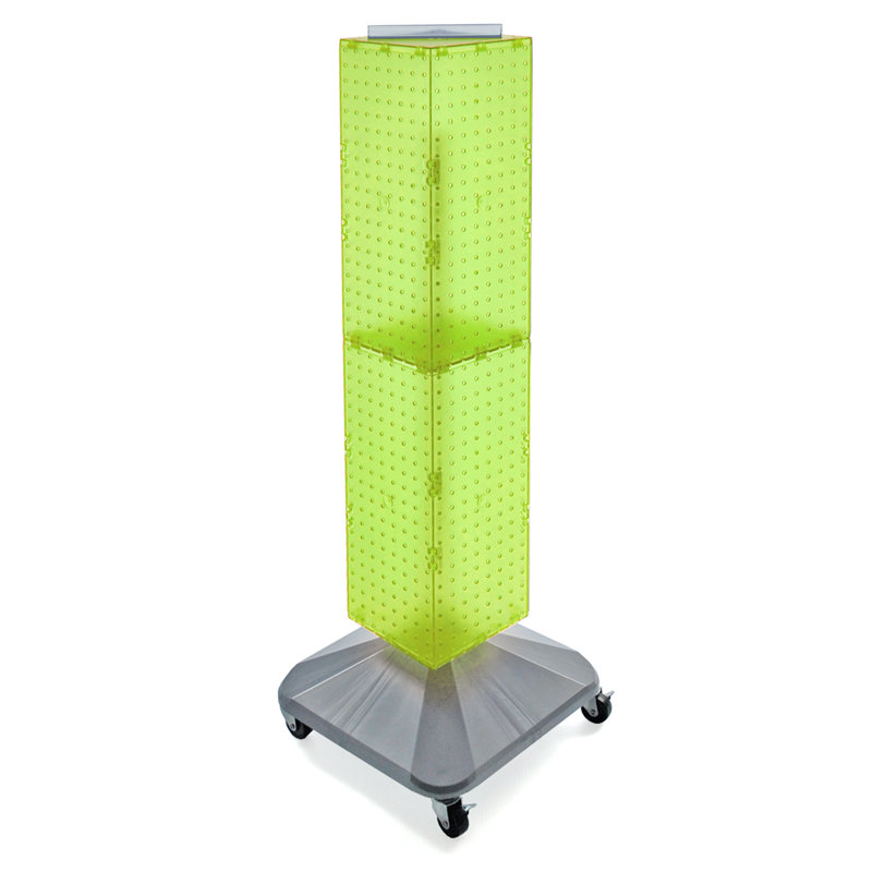 Four-Sided Pegboard Floor Display on Revolving Wheeled Base. Spinner Rack Tower. Panel Size: 8"W x 40"H