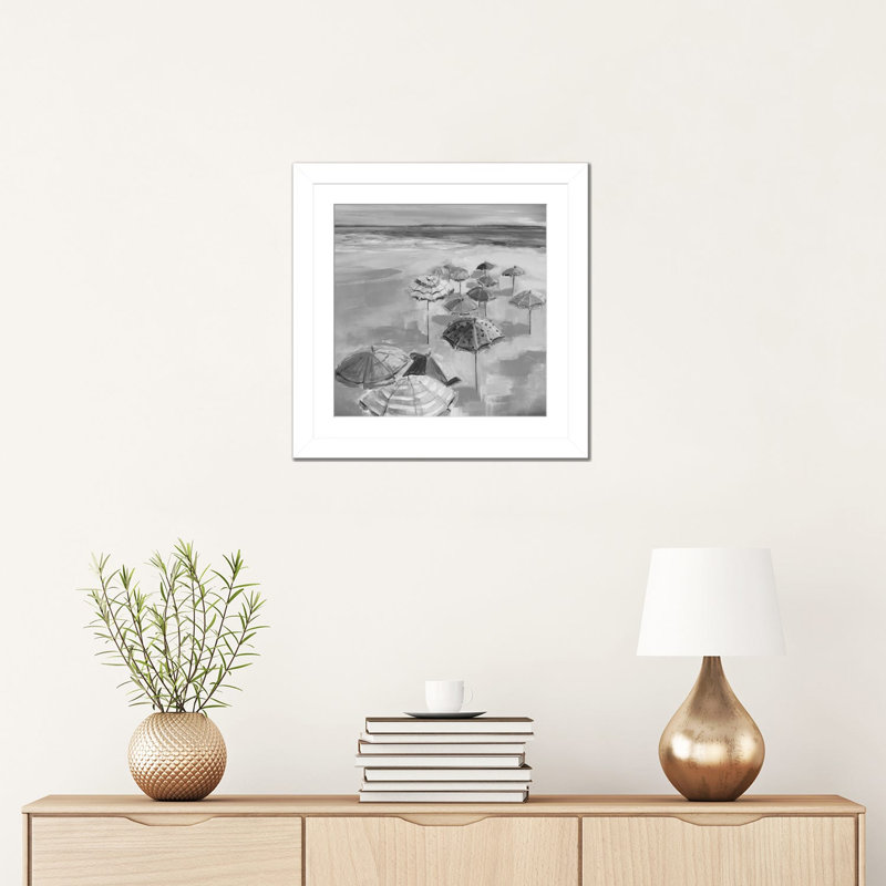 Umbrella Beach I - Black & White, White Open Corner Framed, 16" H x 16" W