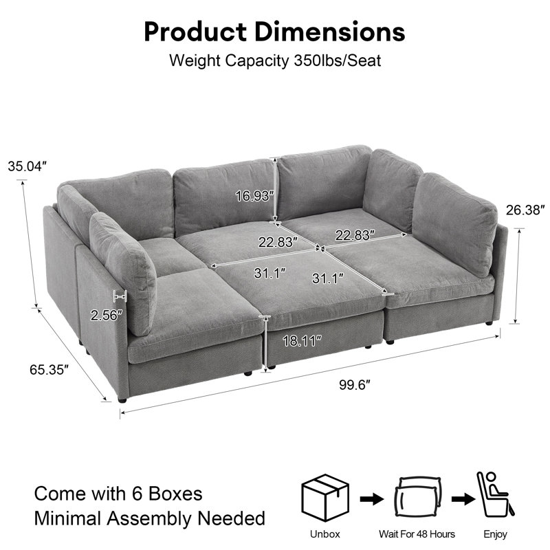 6 Piece Modular Sectional Sofa, Gray