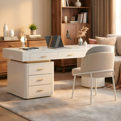 62.99" Beige Half-Circle Sintered Stone Iron Desk,5-drawer
