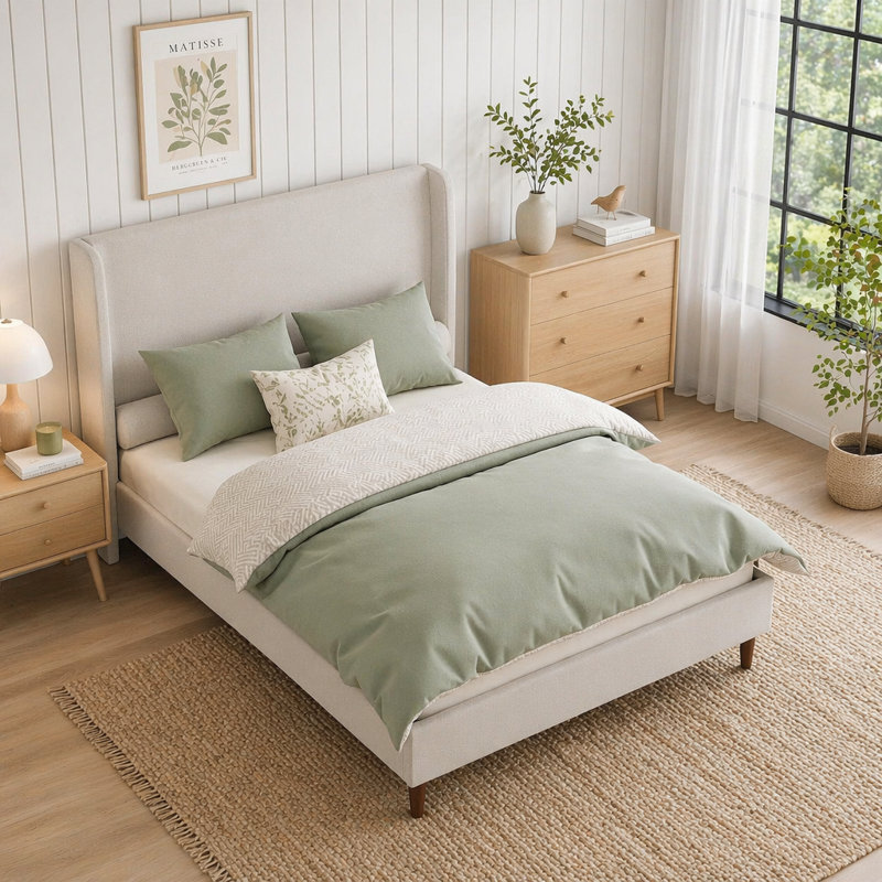Base de lit tapissier pour grand lit de taille grand, support à 12 lattes, chenille blanc ivoire, aucun sommier requis, assemblage facile