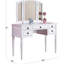 Ensemble de meuble-lavabo contemporain avec miroir pliable, tabouret rembourré et tiroirs de rangement - Finition blanche