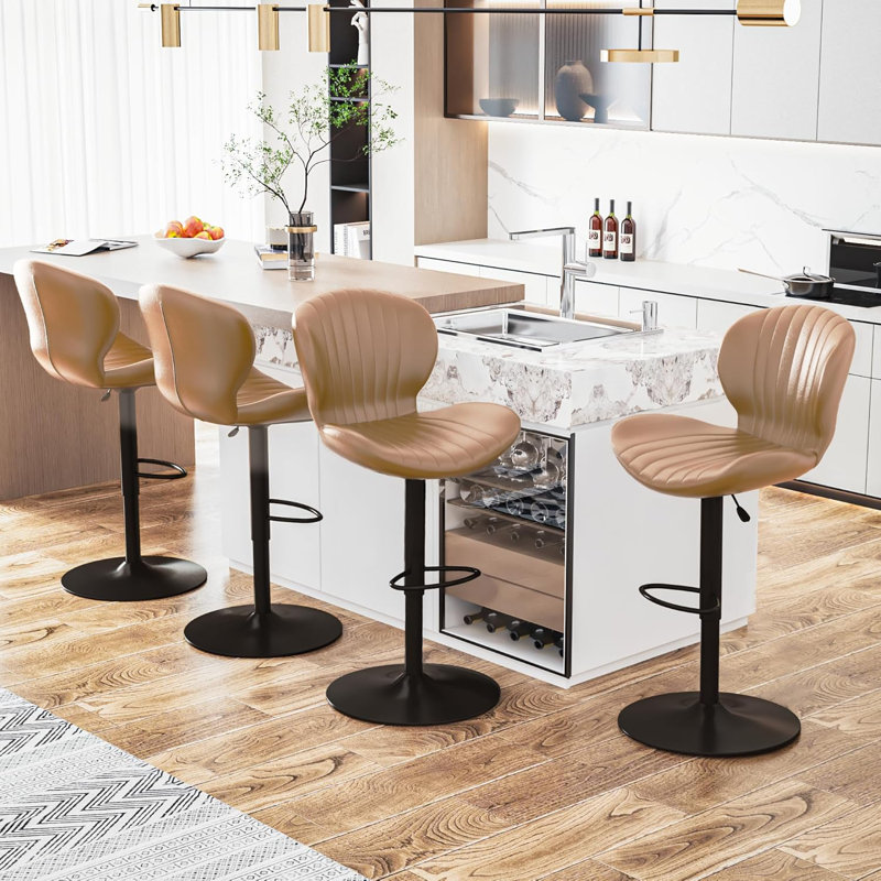 Beige Faux Leather Adjustable Swivel Bar Stools Set of 2