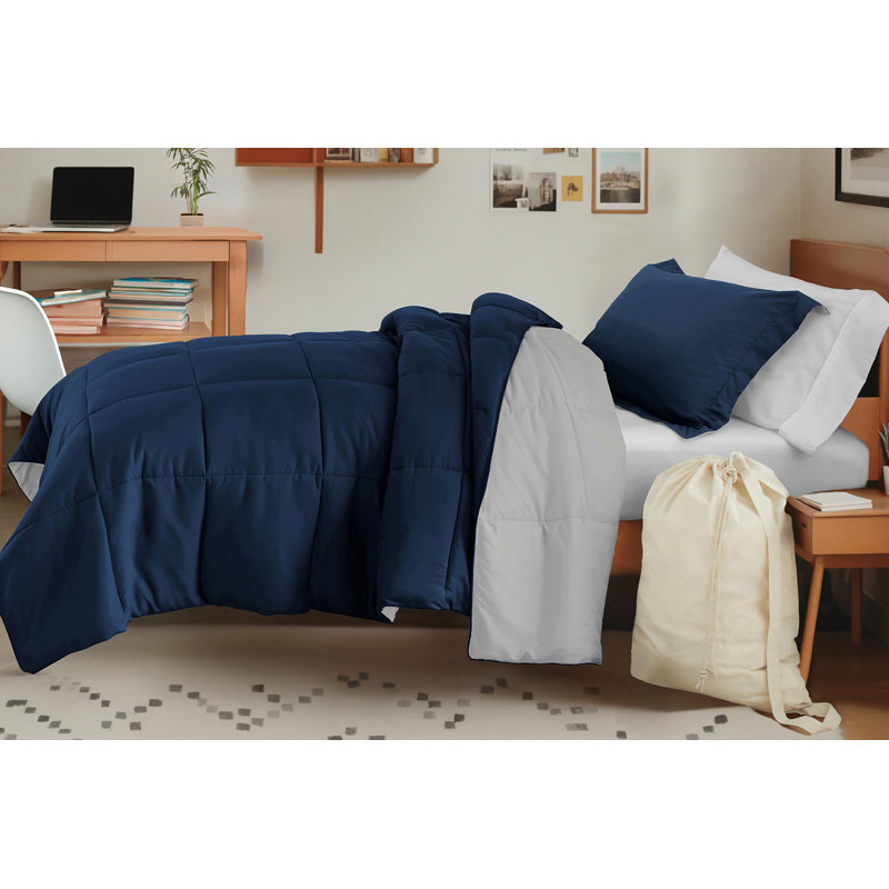 8-PC College Dorm Twin XL Bedding Bundle - Comforter Set, Sheet Set, Pillows and Laundry Bag, Navy / Light Gray