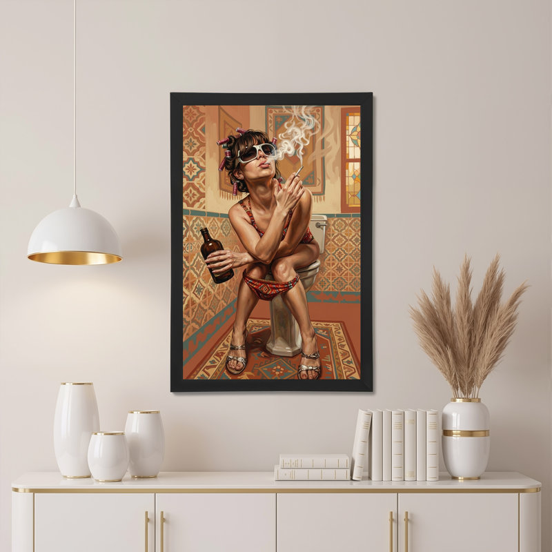 «Woman in Hair Rollers fumant sur une toilette dans une salle de bain carrelée», 24"H x 16"W
